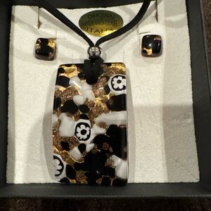 Murano Black, White, and Gold Mosaic Necklace Set